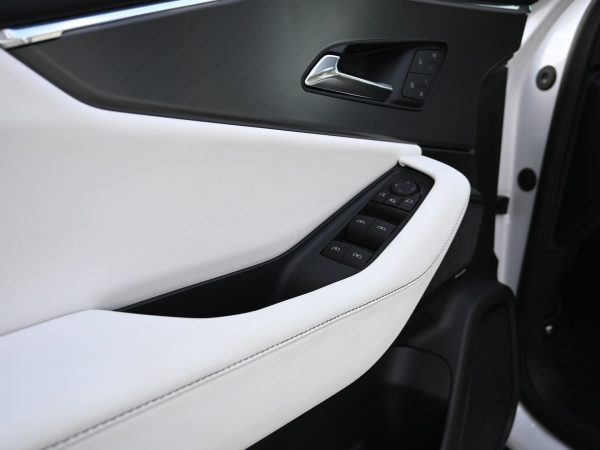 Close-up of the Acura ZDX illuminated e: badge on rear liftgate