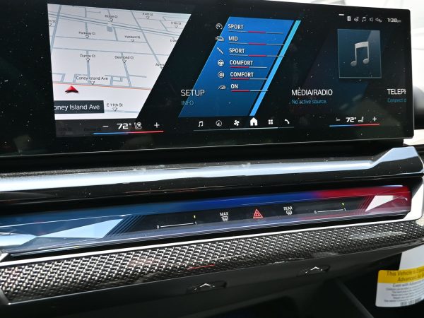 Interior shot of the BMW M5 Hybrid’s digital driver display with hybrid power readout.